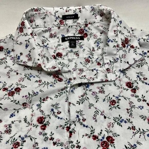 Express Button Up Shirt Men's XL White Red Rose Floral Print Extra Slim Fit EUC - Picture 7 of 12